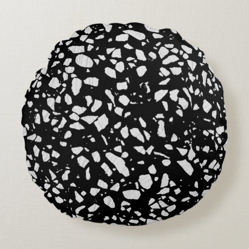 Abstract Terrazzo Mosaic Black and White Pattern Round Pillow