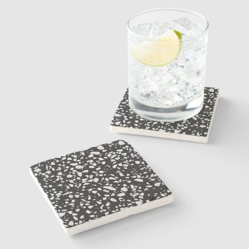 Abstract Terrazzo Mosaic Black and White Pattern Stone Coaster