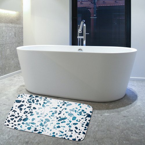 Abstract Terrazzo Mosaic Navy  Light Blue Pattern Bath Mat