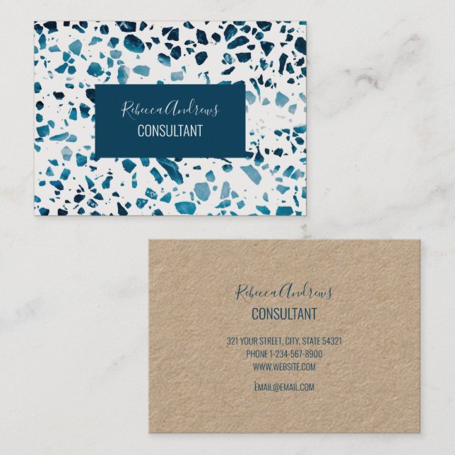 Abstract Terrazzo Mosaic Navy & Light Blue Pattern Business Card (Front/Back)