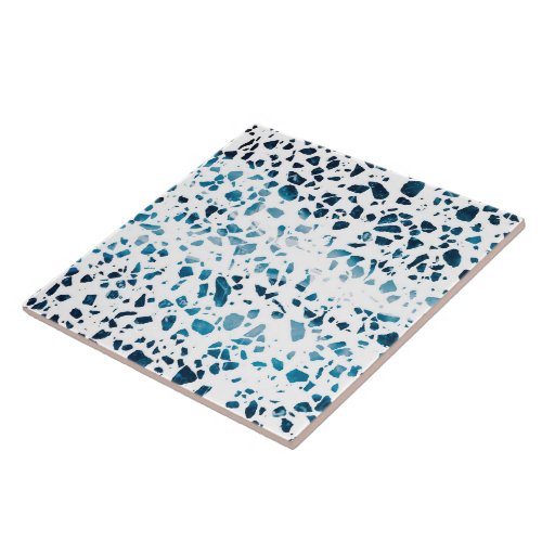 Abstract Terrazzo Mosaic Navy  Light Blue Pattern Ceramic Tile