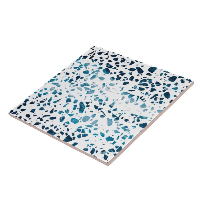 Abstract Terrazzo Mosaic Navy & Light Blue Pattern Ceramic Tile (Side)