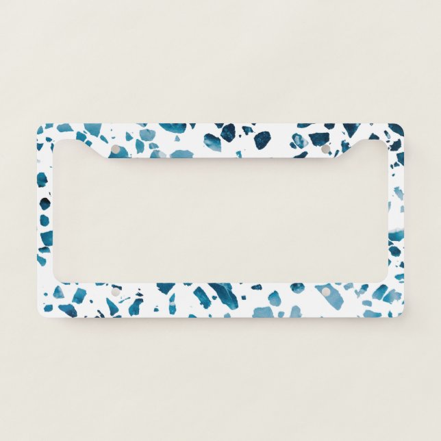 Abstract Terrazzo Mosaic Navy & Light Blue Pattern License Plate Frame (Front)