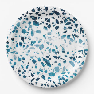 Abstract Terrazzo Mosaic Navy & Light Blue Pattern Paper Plates