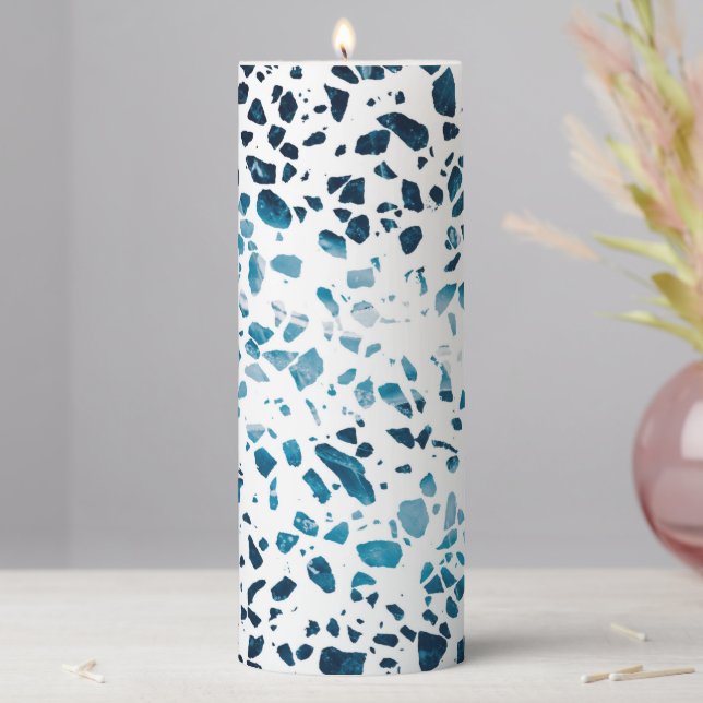 Abstract Terrazzo Mosaic Navy & Light Blue Pattern Pillar Candle (In Situ)