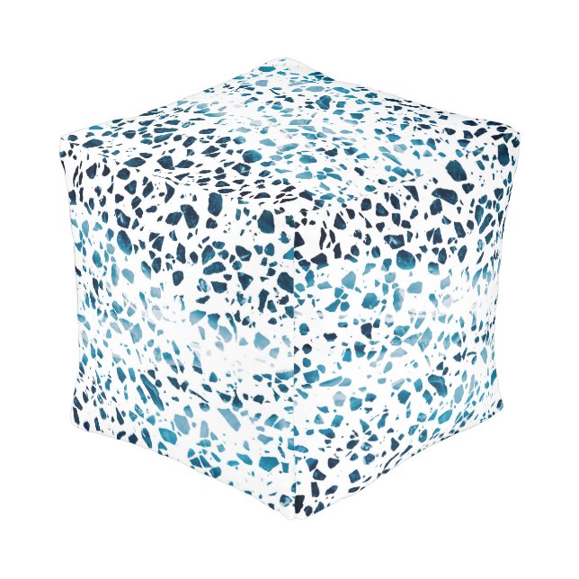 Abstract Terrazzo Mosaic Navy & Light Blue Pattern Pouf (Angled Back)