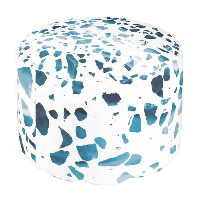 Abstract Terrazzo Mosaic Navy & Light Blue Pattern Pouf (Angled Back)