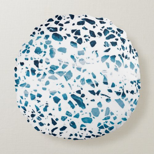 Abstract Terrazzo Mosaic Navy  Light Blue Pattern Round Pillow