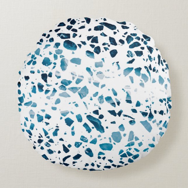 Abstract Terrazzo Mosaic Navy & Light Blue Pattern Round Pillow (Front)