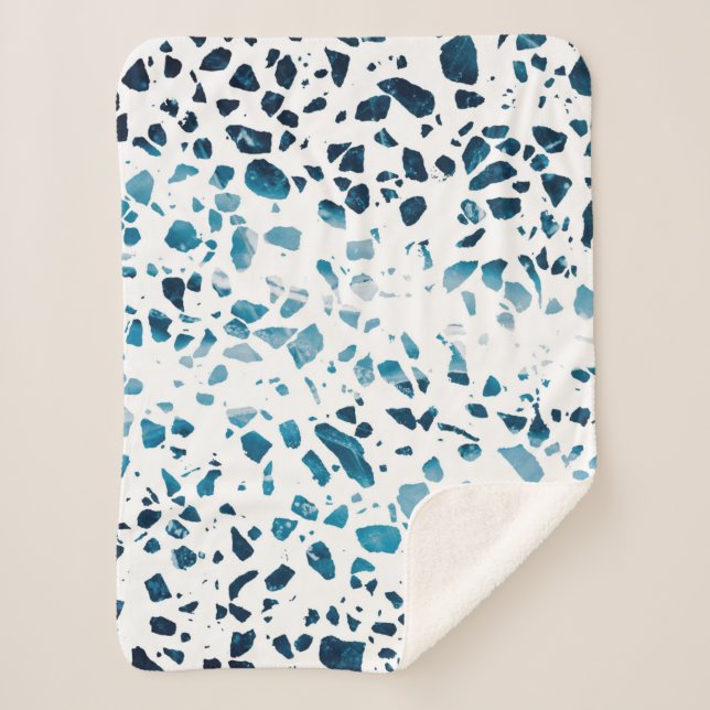 Abstract Terrazzo Mosaic Navy & Light Blue Pattern Sherpa Blanket (Front)