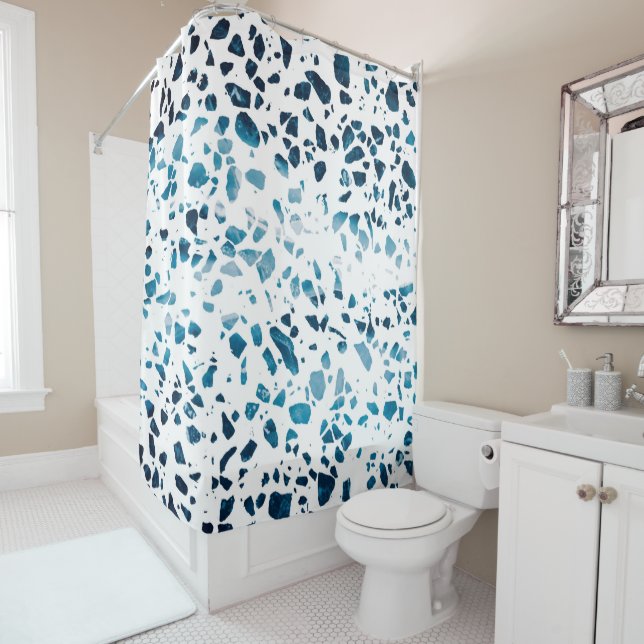 Abstract Terrazzo Mosaic Navy & Light Blue Pattern Shower Curtain (In Situ)