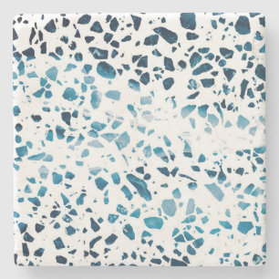 Abstract Terrazzo Mosaic Navy & Light Blue Pattern Stone Coaster