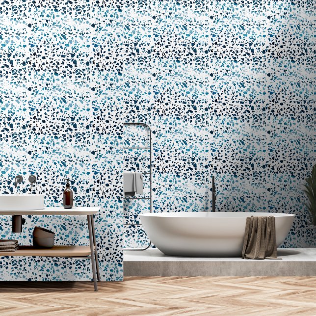 Abstract Terrazzo Mosaic Navy & Light Blue Pattern Wallpaper (Bathroom)