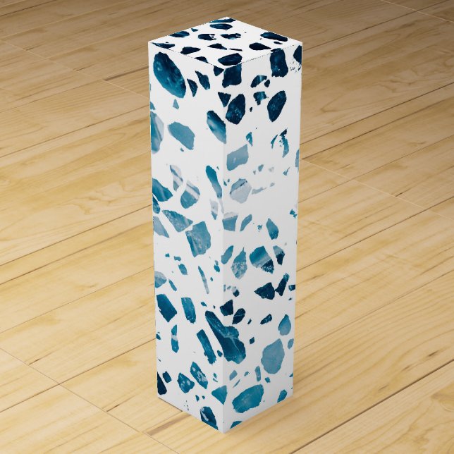 Abstract Terrazzo Mosaic Navy & Light Blue Pattern Wine Box (Front)