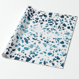 Abstract Terrazzo Mosaic Navy & Light Blue Pattern Wrapping Paper