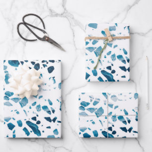 Abstract Terrazzo Mosaic Navy & Light Blue Pattern Wrapping Paper Sheets
