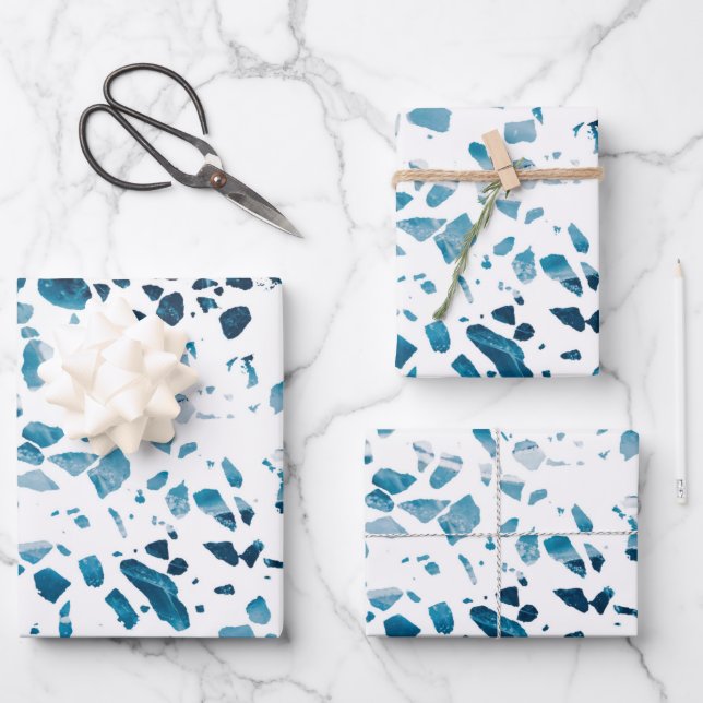 Abstract Terrazzo Mosaic Navy & Light Blue Pattern Wrapping Paper Sheets (Front)