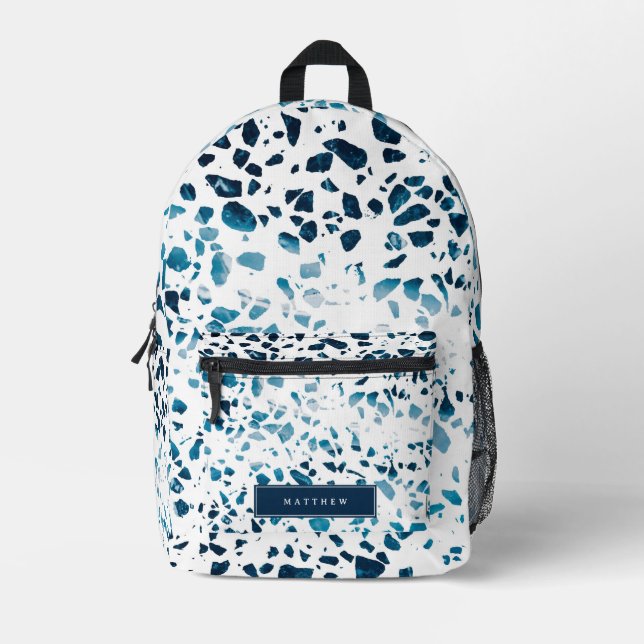 Abstract Terrazzo Mosaic Navy & Light Blue School Printed Backpack (Front)