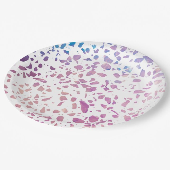Abstract Terrazzo Mosaic Pink & Blue Pattern Paper Plates (Angled)