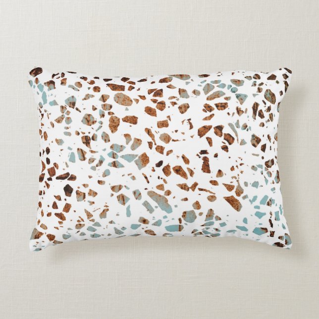Abstract Terrazzo Mosaic Rust Brown & Blue Pattern Accent Pillow (Front)