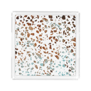Abstract Terrazzo Mosaic Rust Brown & Blue Pattern Acrylic Tray