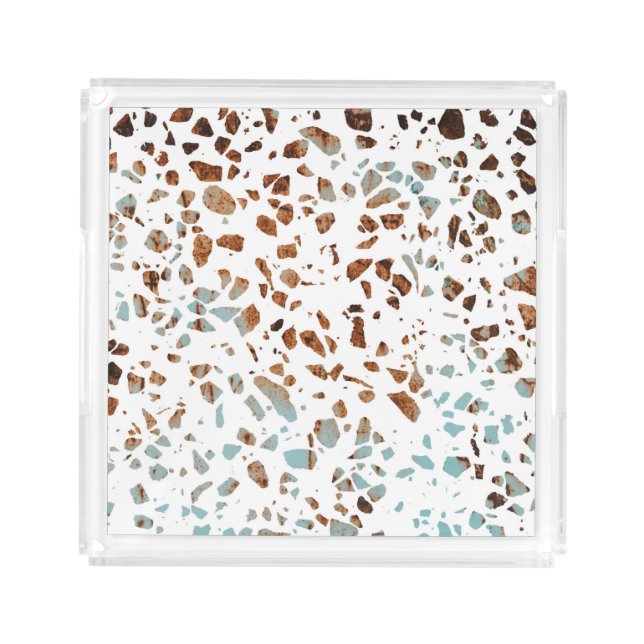 Abstract Terrazzo Mosaic Rust Brown & Blue Pattern Acrylic Tray (Front)