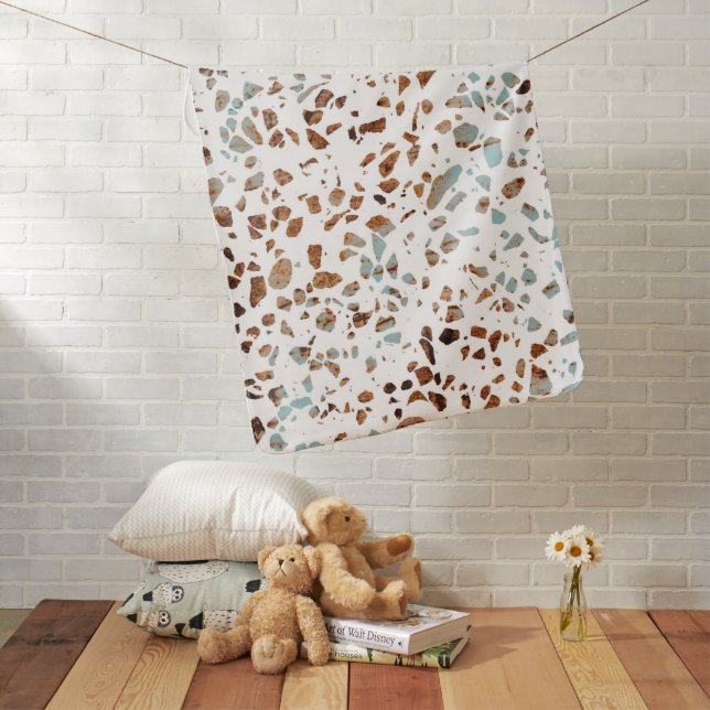 Abstract Terrazzo Mosaic Rust Brown & Blue Pattern Baby Blanket (In Situ)