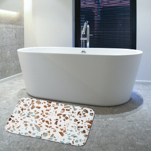 Abstract Terrazzo Mosaic Rust Brown & Blue Pattern Bath Mat