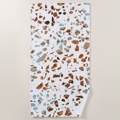 Abstract Terrazzo Mosaic Rust Brown  Blue Pattern Beach Towel