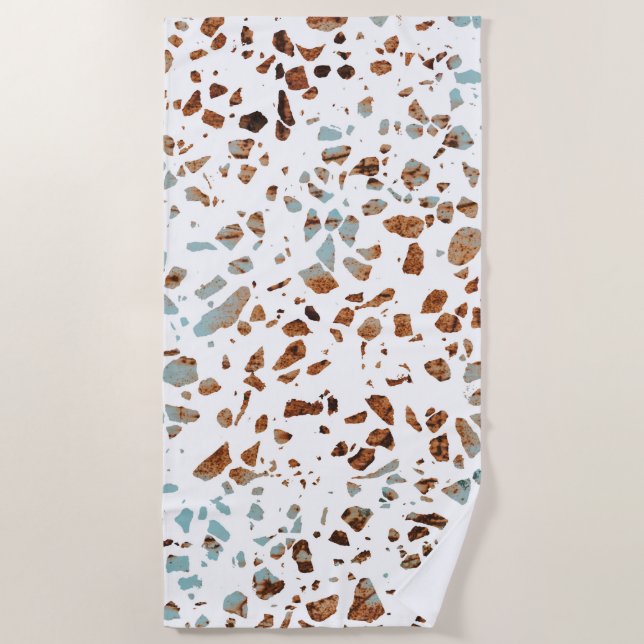 Abstract Terrazzo Mosaic Rust Brown & Blue Pattern Beach Towel (Front)