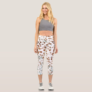 Abstract Terrazzo Mosaic Rust Brown & Blue Pattern Capri Leggings
