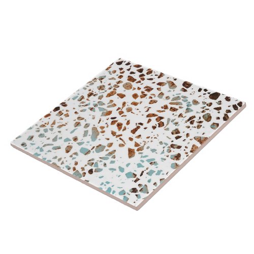 Abstract Terrazzo Mosaic Rust Brown  Blue Pattern Ceramic Tile