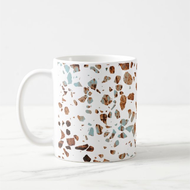 Abstract Terrazzo Mosaic Rust Brown & Blue Pattern Coffee Mug (Left)