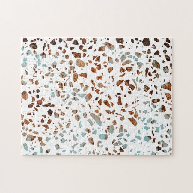 Abstract Terrazzo Mosaic Rust Brown & Blue Pattern Jigsaw Puzzle (Horizontal)