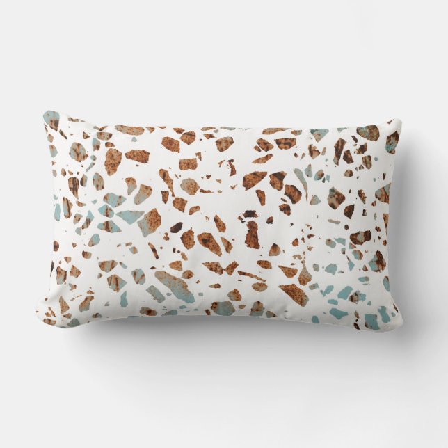 Abstract Terrazzo Mosaic Rust Brown & Blue Pattern Lumbar Pillow (Front)