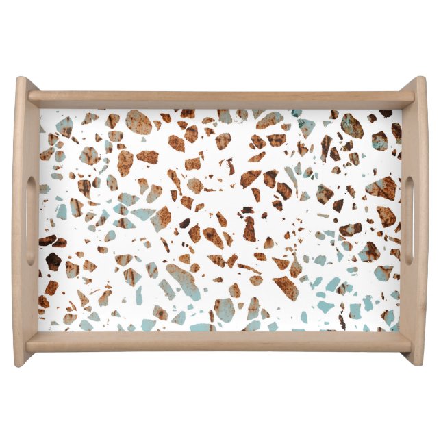 Abstract Terrazzo Mosaic Rust Brown & Blue Pattern Serving Tray (Front)