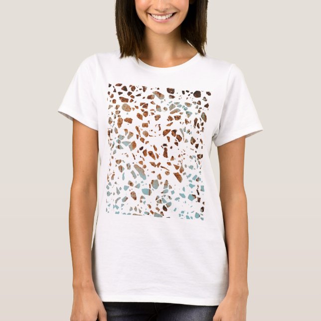 Abstract Terrazzo Mosaic Rust Brown & Blue Pattern T-Shirt (Front)