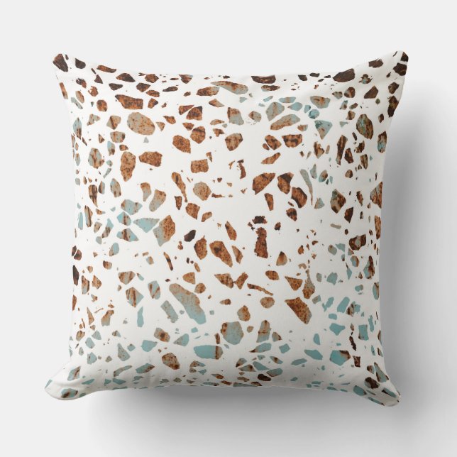 Abstract Terrazzo Mosaic Rust Brown & Blue Pattern Throw Pillow (Front)