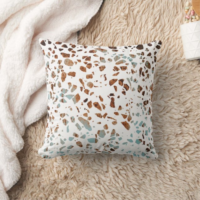 Abstract Terrazzo Mosaic Rust Brown & Blue Pattern Throw Pillow (Blanket)