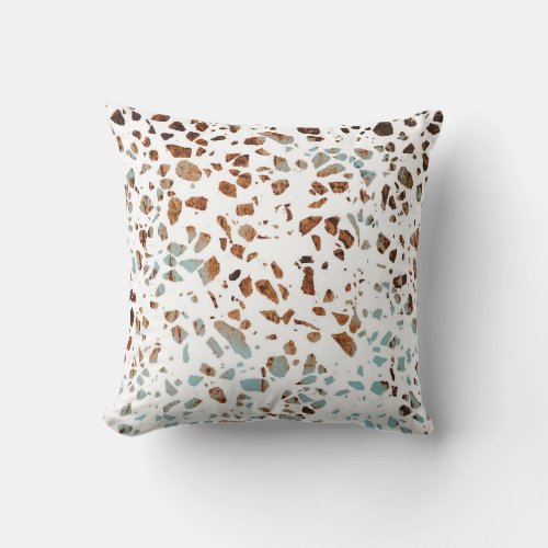 Abstract Terrazzo Mosaic Rust Brown  Blue Pattern Throw Pillow