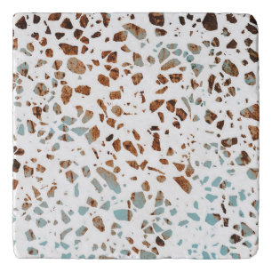 Abstract Terrazzo Mosaic Rust Brown & Blue Pattern Trivet
