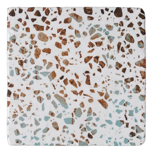 Abstract Terrazzo Mosaic Rust Brown  Blue Pattern Trivet