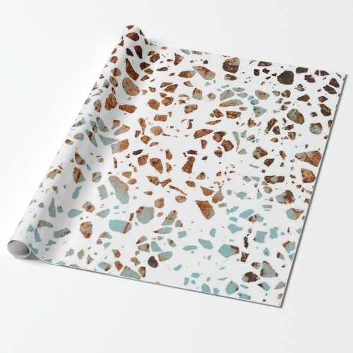 Abstract Terrazzo Mosaic Rust Brown  Blue Pattern Wrapping Paper