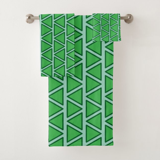 Abstract Three Tone Green Triangle Pattern Bath Towel Set (Insitu)