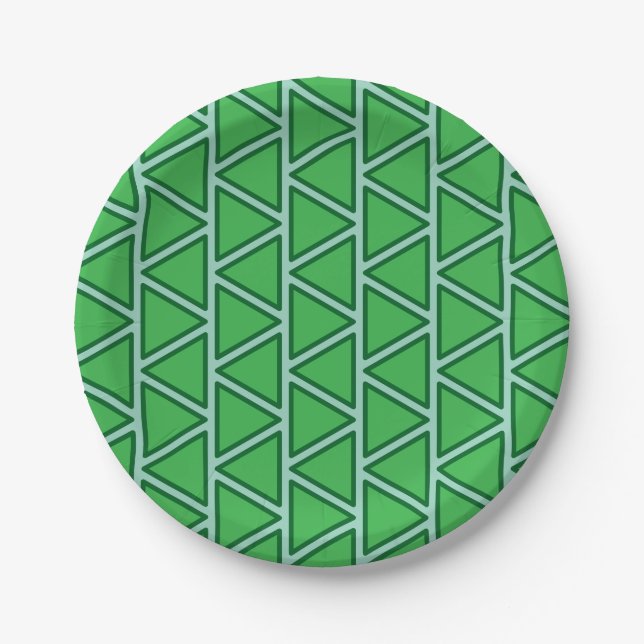 Abstract Three Tone Green Triangle Pattern Paper Plates (Front)