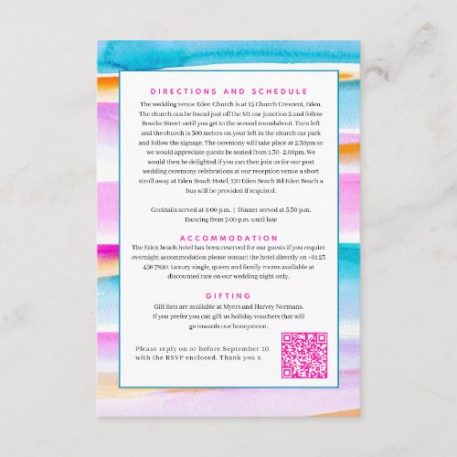 Abstract tidal lines pink blue wedding QR code Enclosure Card