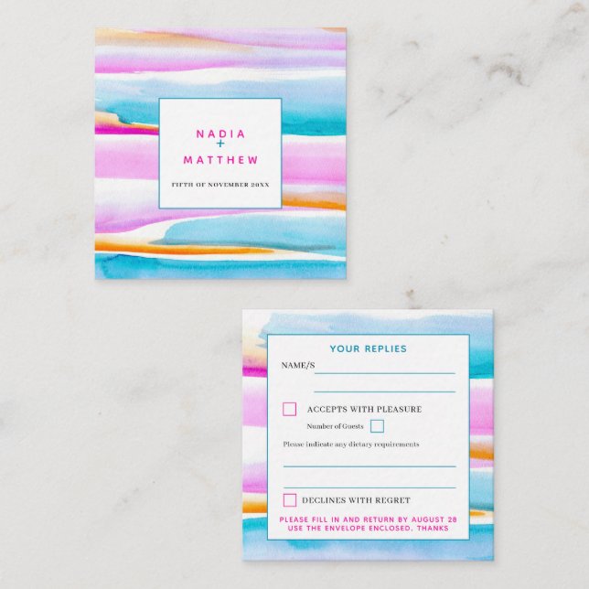 Abstract tidal lines pink blue wedding reply card (Front/Back)