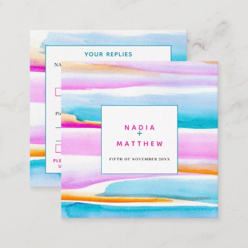 Abstract tidal lines pink blue wedding reply card