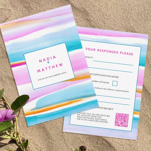 Abstract tidal lines wedding reply QR code RSVP Card