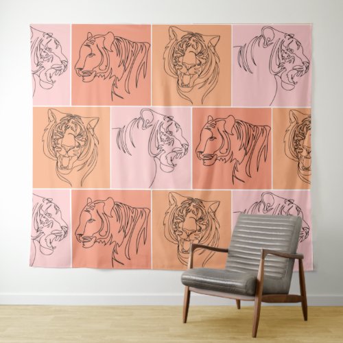 Abstract tiger head line art tapestry